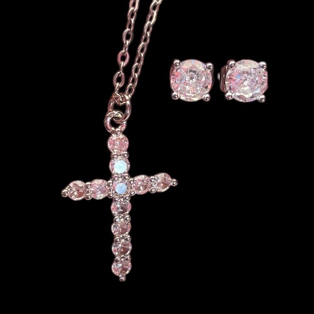 Religious Cross Necklace & Stud Earring Set Sterling Silver Moissanite Women 16 - Picture 2 of 7